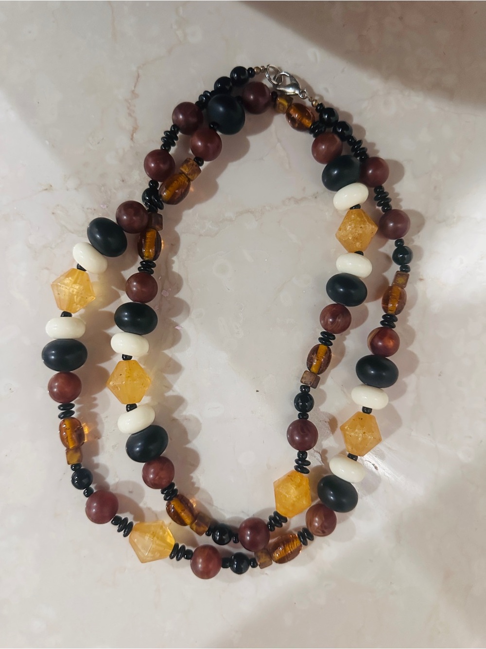 Multi-Strand Amber, Black & White Beaded Necklace